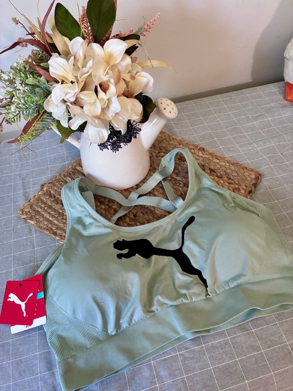 Puma Mint Green Cross-Back Padded Sports Bra with Black Logo